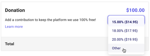 A screenshot of the Zeffy donation website, where Zeffy asks donors to consider giving to help keep the platform free. The cursor is however over the word "other" in the drop-down menu.